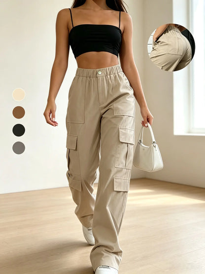 Women's Mid-Rise Cargo Straight-Leg Pants with Elastic Waistband and Large Side Pockets, Versatile Drapey Fabric for Casual Summer Wear