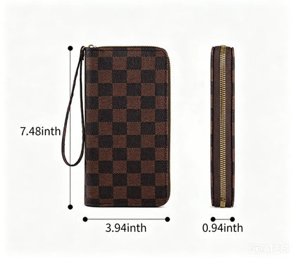 Women'S Plaid Printed Minimalist Long Wallet - Clutch Wristlet, Surround Card Holder, Zipper Closure, Versatile Casual Wear Accessory，Zipper Coin， Removable Wristet， Large Capacity Card Holder, Coins Pouch, Multi Functional Wallet， Young Girl