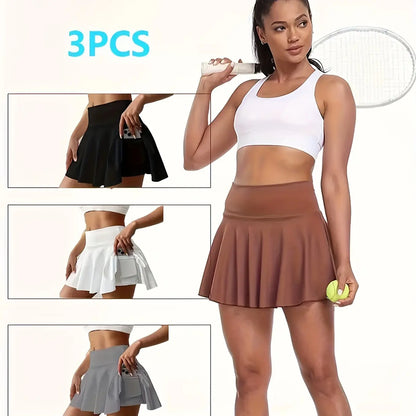 Women'S Basic Minimalist 3-Pack 2-In-1 Skorts, High Waist Stretchy Flowy Mini Skirt with Pockets, Summer Yoga Activewear Bottoms