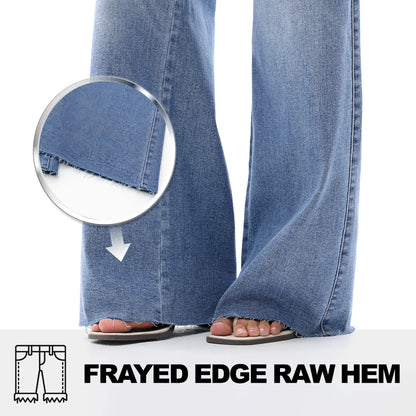 【3 Lengths】Freya ONESO Women'S Tummy Control Raw Hem Baggy Denim Pants Mid Rise Wide Leg Denim Jeans Retro Streetwear Style Comfortable Jeans Commuter Style Baggy High Stretchy Soft Breathable Spring& Summer #Summervibes
