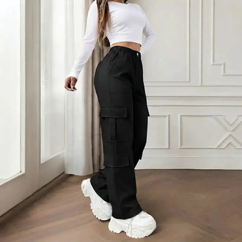 Women's Mid-Rise Cargo Straight-Leg Pants with Elastic Waistband and Large Side Pockets, Versatile Drapey Fabric for Casual Summer Wear