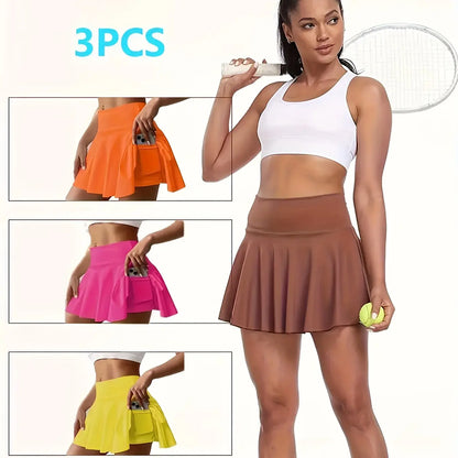 Women'S Basic Minimalist 3-Pack 2-In-1 Skorts, High Waist Stretchy Flowy Mini Skirt with Pockets, Summer Yoga Activewear Bottoms