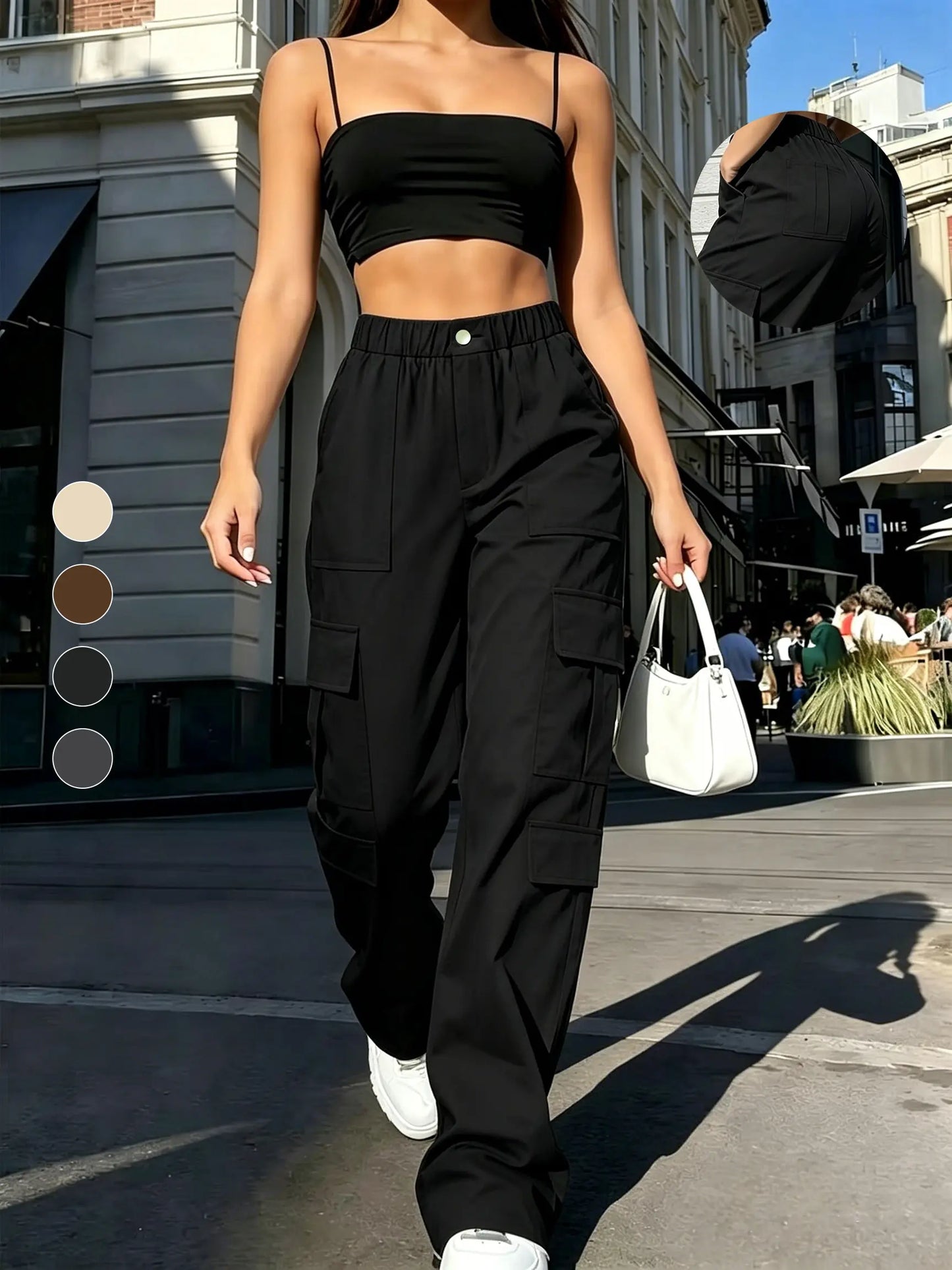 Women's Mid-Rise Cargo Straight-Leg Pants with Elastic Waistband and Large Side Pockets, Versatile Drapey Fabric for Casual Summer Wear