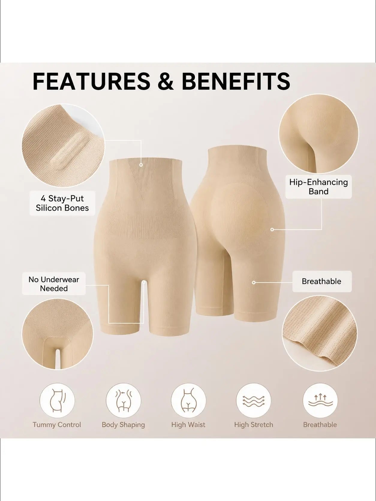 Women'S High-Waisted Seamless Solid Leg Shaping Shorts - Abdominal Shapewear, Belly Tightening, Body Shaping, Lifts & Shapes Hips, Breathable, Invisible Fit with Built-In Crotch for Everyday Wear