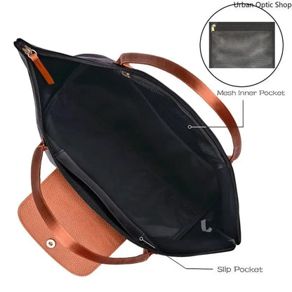 Women'S Large Capacity Tote Bag, Nylon Oxford Work Bag with Contrast Leather Handles for Commute and Daily Travel, Tote Bags, Work Bags for Women