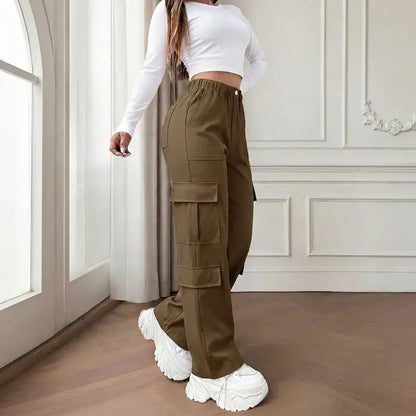 Women's Mid-Rise Cargo Straight-Leg Pants with Elastic Waistband and Large Side Pockets, Versatile Drapey Fabric for Casual Summer Wear