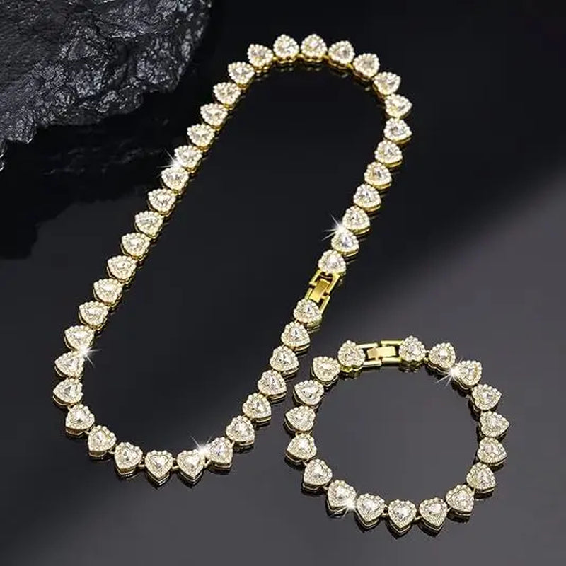 2Pcs Set Heart Shaped Cuban Chain Necklace Set for &,Hip Hop Style Choker Set,Luxurious Jewelry Set for Valentine'S Day Gifts, Birthday,Everyday & Party Wear, for Teenager