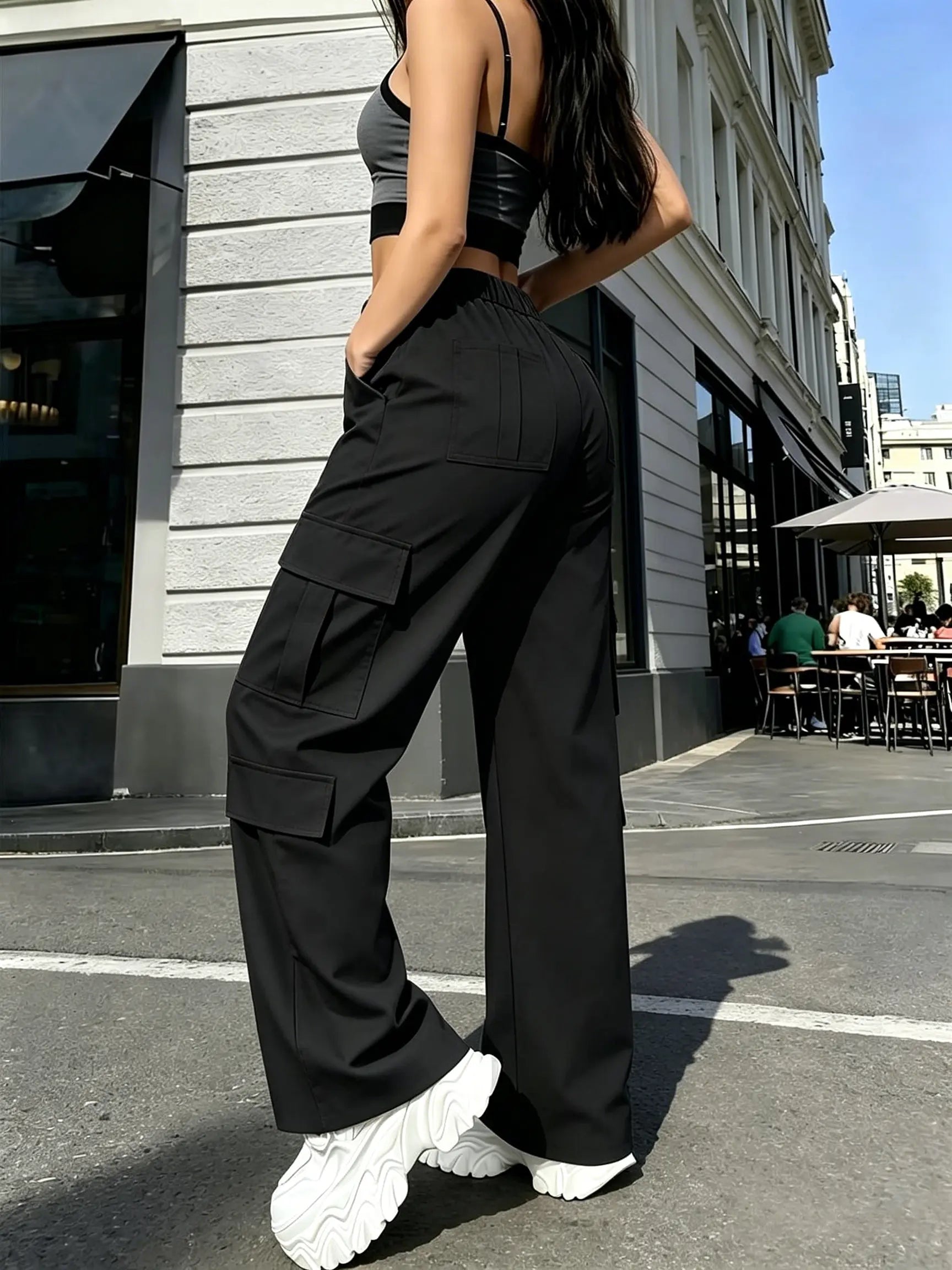 Women's Mid-Rise Cargo Straight-Leg Pants with Elastic Waistband and Large Side Pockets, Versatile Drapey Fabric for Casual Summer Wear