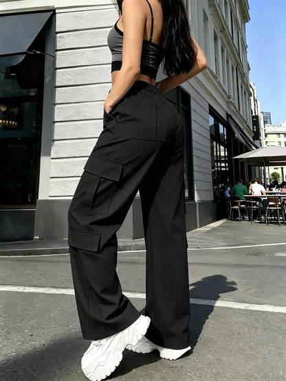 Women's Mid-Rise Cargo Straight-Leg Pants with Elastic Waistband and Large Side Pockets, Versatile Drapey Fabric for Casual Summer Wear