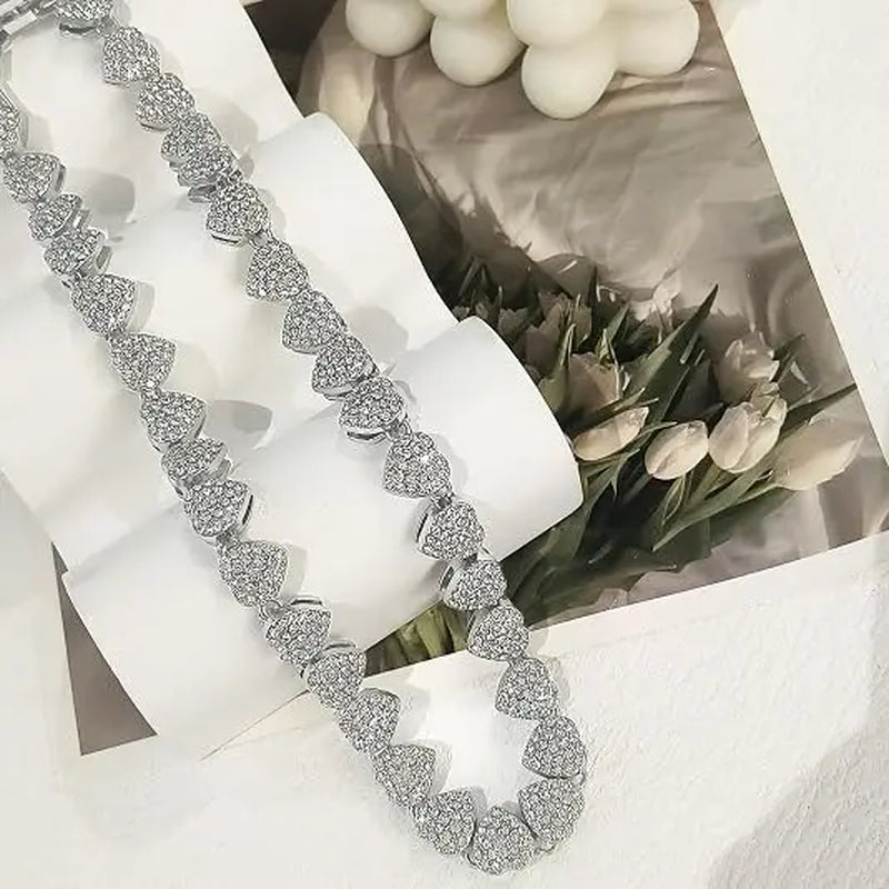 2Pcs Set Heart Shaped Cuban Chain Necklace Set for &,Hip Hop Style Choker Set,Luxurious Jewelry Set for Valentine'S Day Gifts, Birthday,Everyday & Party Wear, for Teenager
