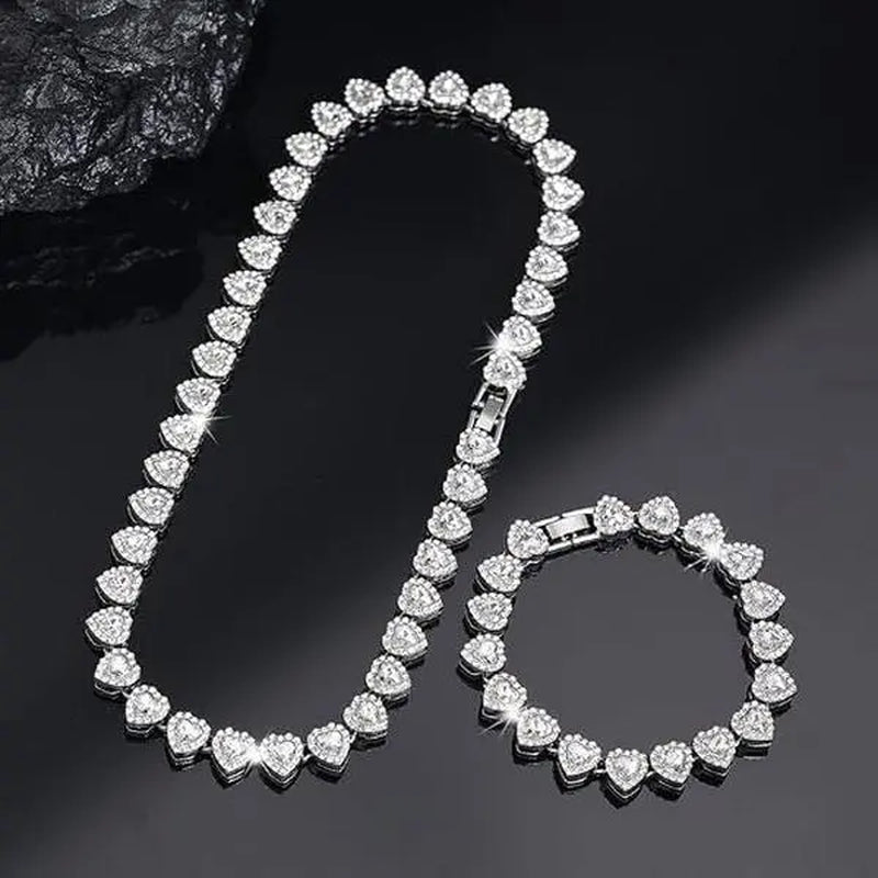 2Pcs Set Heart Shaped Cuban Chain Necklace Set for &,Hip Hop Style Choker Set,Luxurious Jewelry Set for Valentine'S Day Gifts, Birthday,Everyday & Party Wear, for Teenager