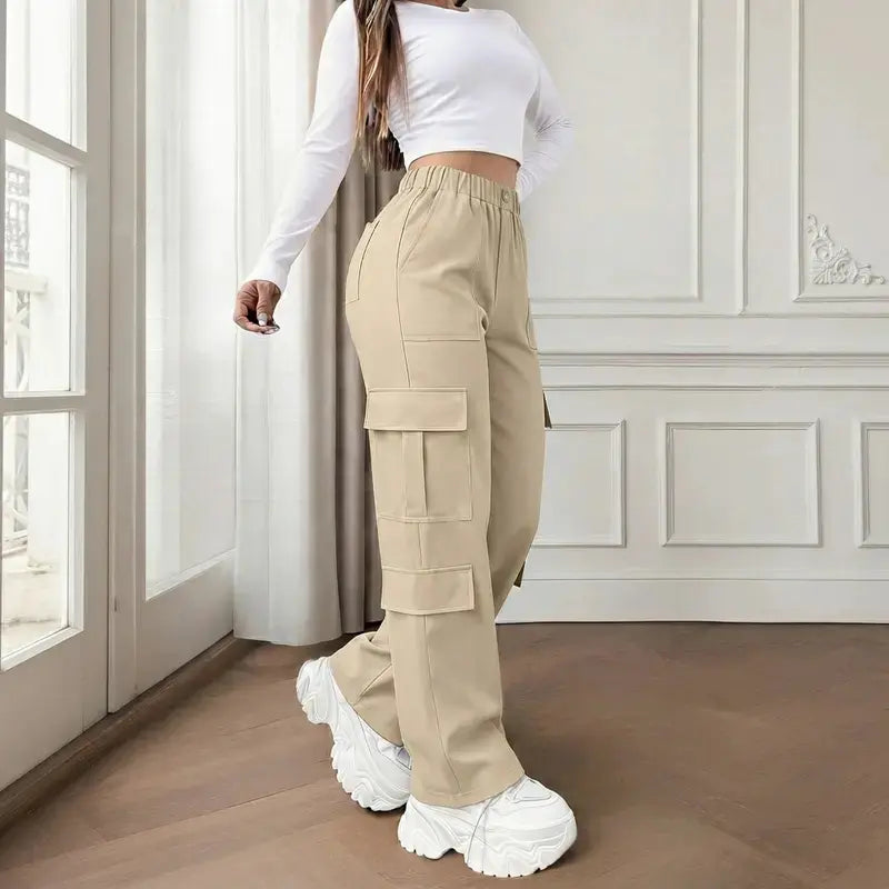 Women's Mid-Rise Cargo Straight-Leg Pants with Elastic Waistband and Large Side Pockets, Versatile Drapey Fabric for Casual Summer Wear