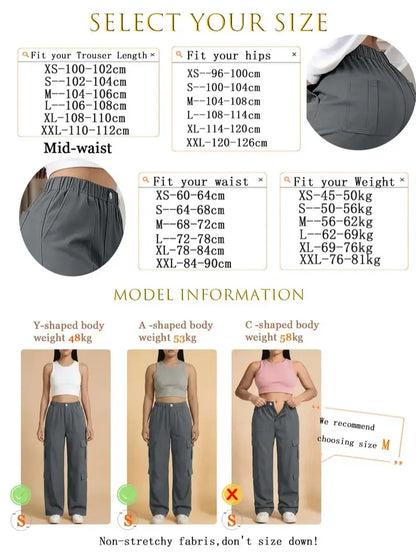 Women's Mid-Rise Cargo Straight-Leg Pants with Elastic Waistband and Large Side Pockets, Versatile Drapey Fabric for Casual Summer Wear