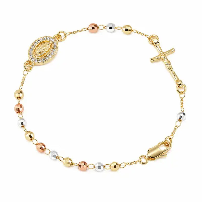 Tricolor Rosary Bracelet with Virgin Mary & Jesus Cross Charm – Premium Religious Faith Jewelry
