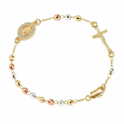 Tricolor Rosary Bracelet with Virgin Mary & Jesus Cross Charm – Premium Religious Faith Jewelry