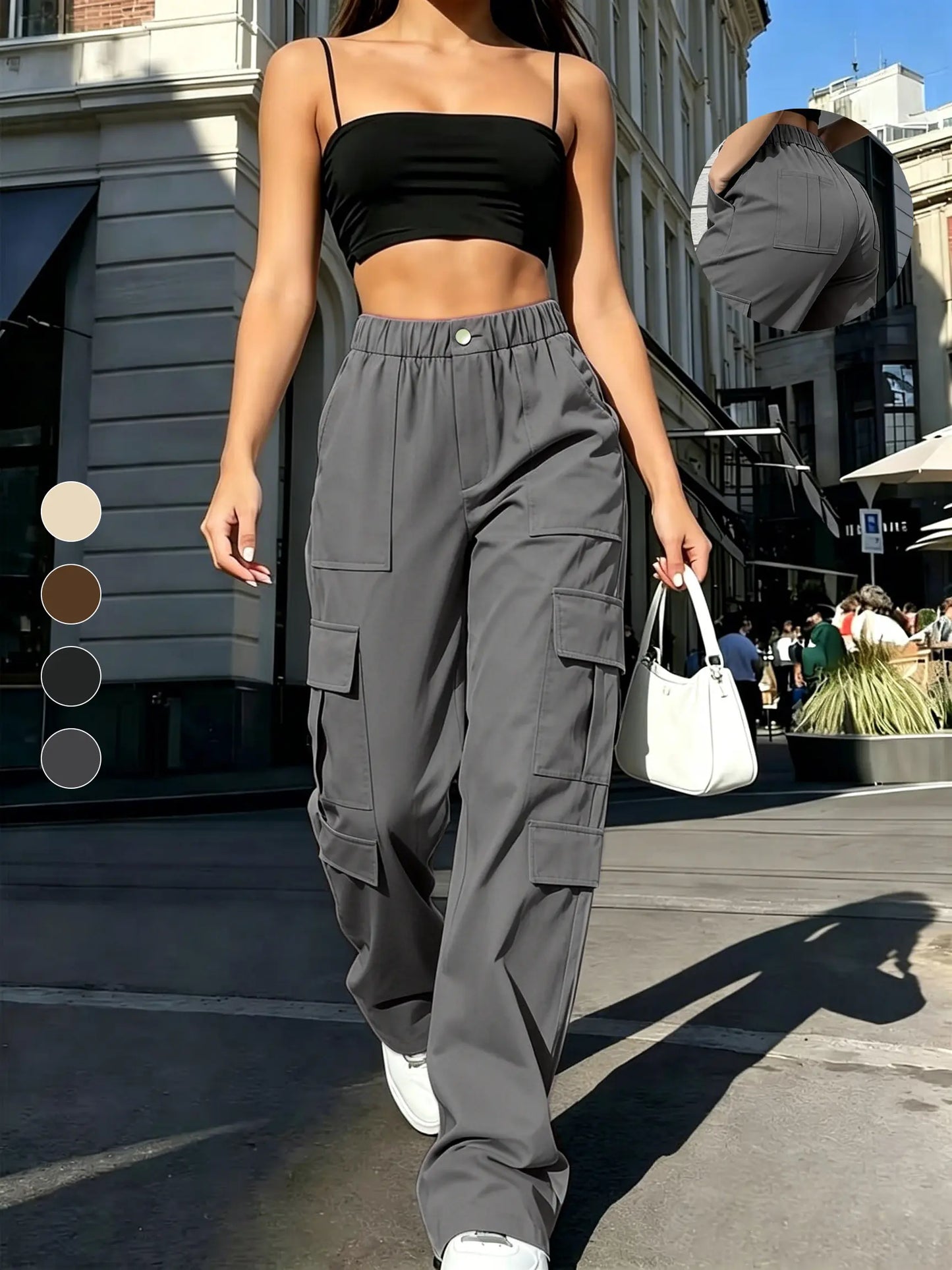 Women's Mid-Rise Cargo Straight-Leg Pants with Elastic Waistband and Large Side Pockets, Versatile Drapey Fabric for Casual Summer Wear