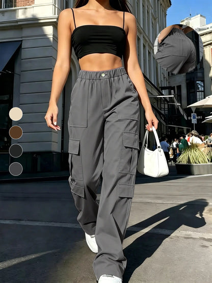 Women's Mid-Rise Cargo Straight-Leg Pants with Elastic Waistband and Large Side Pockets, Versatile Drapey Fabric for Casual Summer Wear