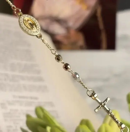 Tricolor Rosary Bracelet with Virgin Mary & Jesus Cross Charm – Premium Religious Faith Jewelry