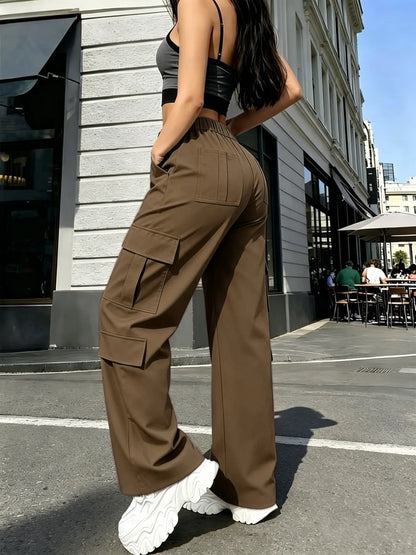 Women's Mid-Rise Cargo Straight-Leg Pants with Elastic Waistband and Large Side Pockets, Versatile Drapey Fabric for Casual Summer Wear