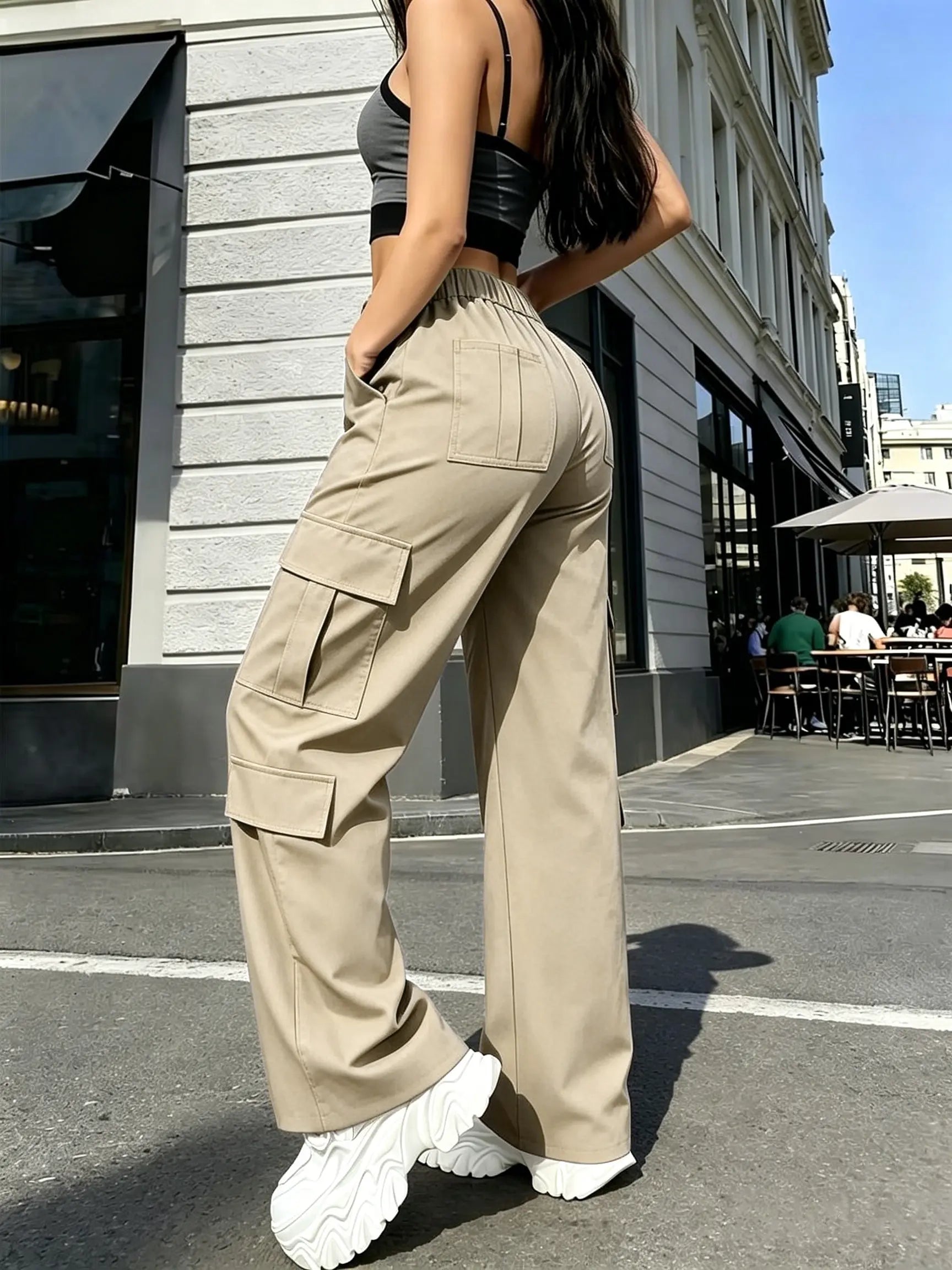 Women's Mid-Rise Cargo Straight-Leg Pants with Elastic Waistband and Large Side Pockets, Versatile Drapey Fabric for Casual Summer Wear