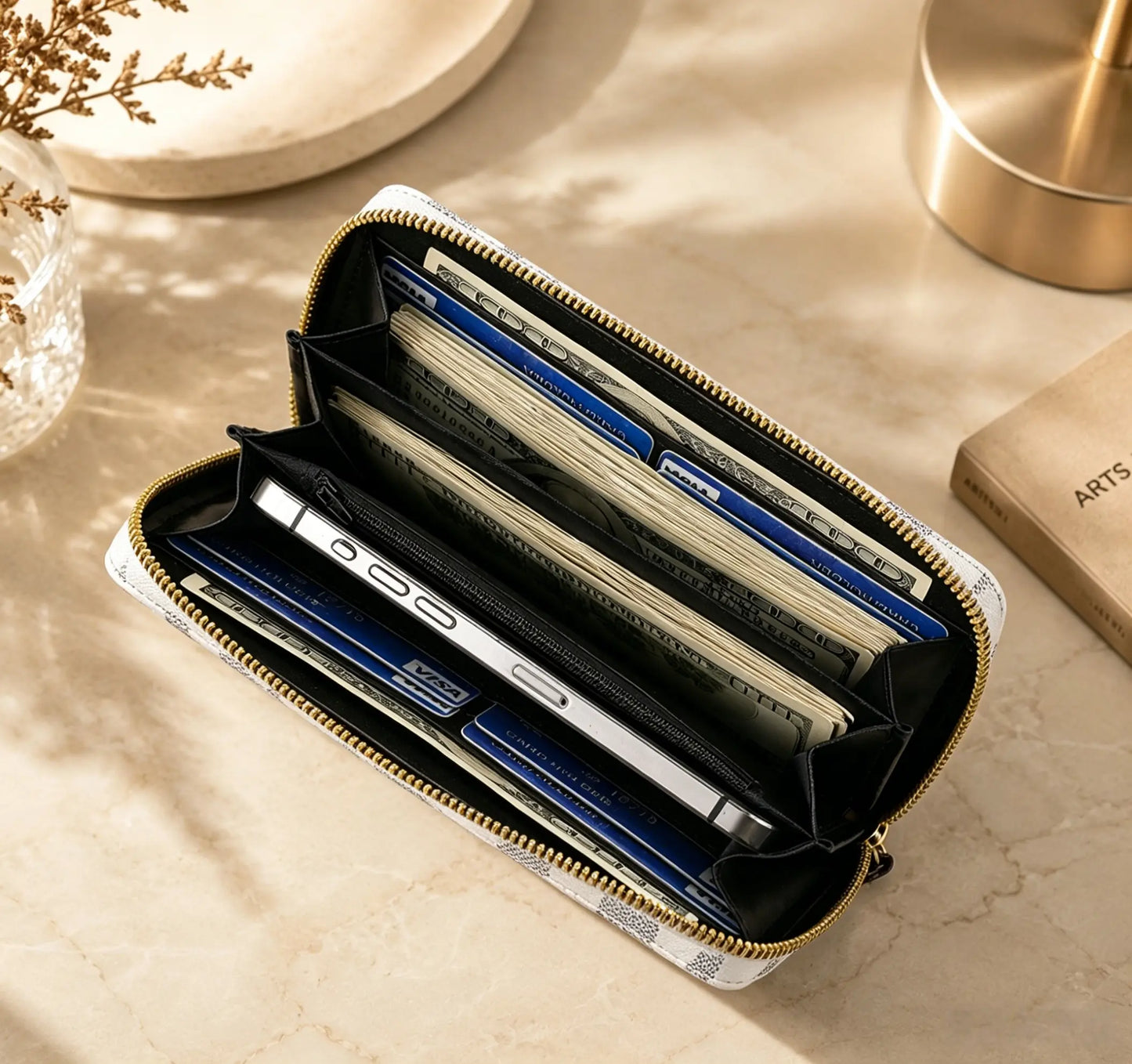 Women'S Plaid Printed Minimalist Long Wallet - Clutch Wristlet, Surround Card Holder, Zipper Closure, Versatile Casual Wear Accessory，Zipper Coin， Removable Wristet， Large Capacity Card Holder, Coins Pouch, Multi Functional Wallet， Young Girl
