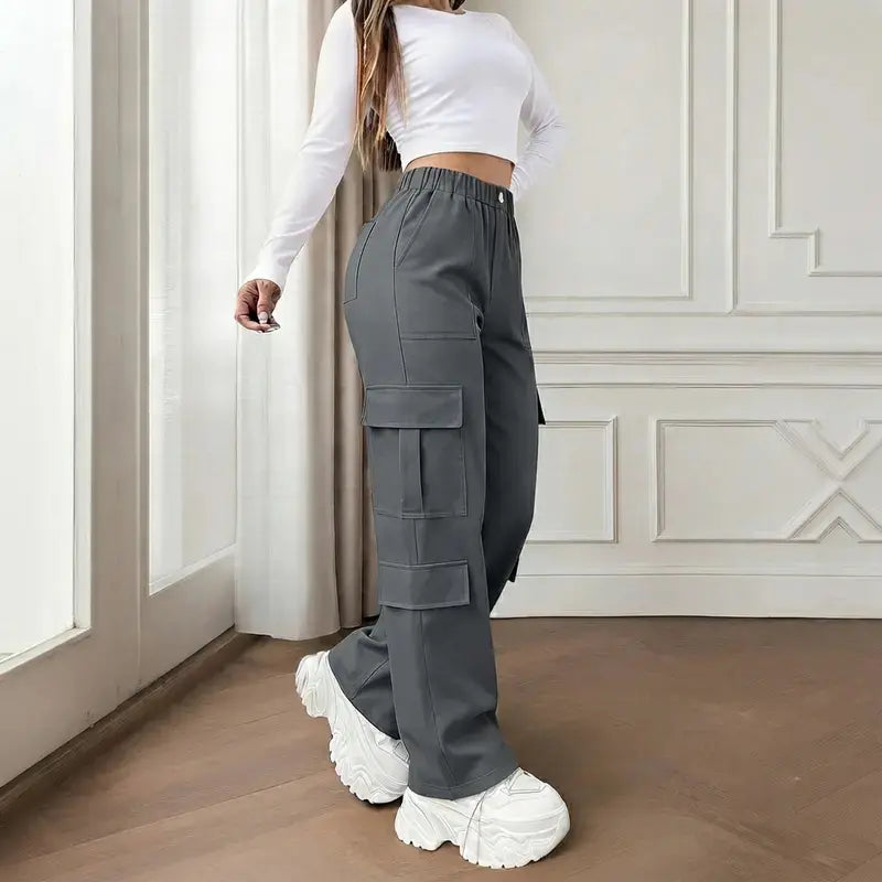 Women's Mid-Rise Cargo Straight-Leg Pants with Elastic Waistband and Large Side Pockets, Versatile Drapey Fabric for Casual Summer Wear