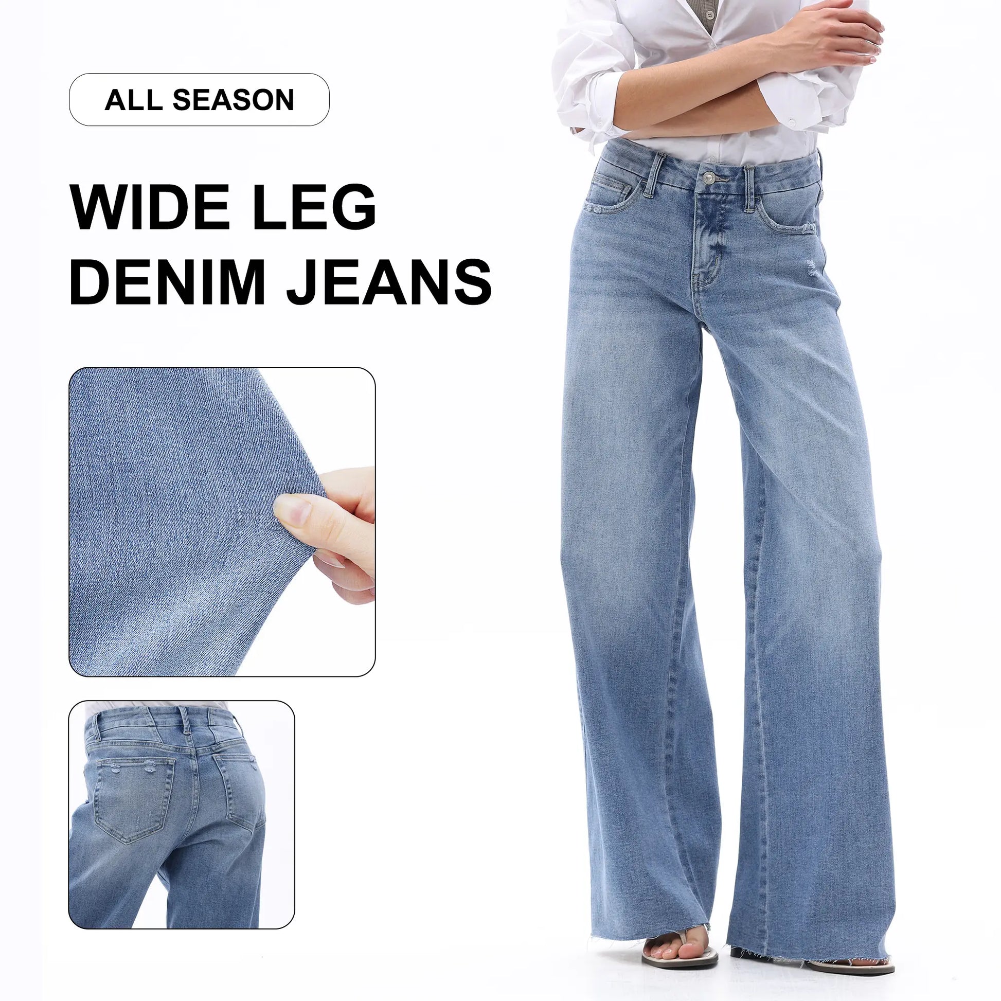 【3 Lengths】Freya ONESO Women'S Tummy Control Raw Hem Baggy Denim Pants Mid Rise Wide Leg Denim Jeans Retro Streetwear Style Comfortable Jeans Commuter Style Baggy High Stretchy Soft Breathable Spring& Summer #Summervibes