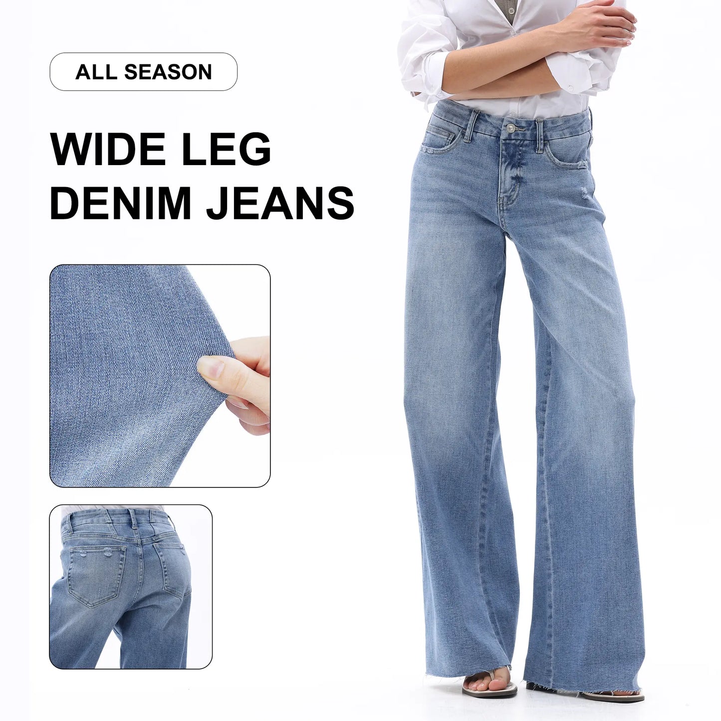 【3 Lengths】Freya ONESO Women'S Tummy Control Raw Hem Baggy Denim Pants Mid Rise Wide Leg Denim Jeans Retro Streetwear Style Comfortable Jeans Commuter Style Baggy High Stretchy Soft Breathable Spring& Summer #Summervibes
