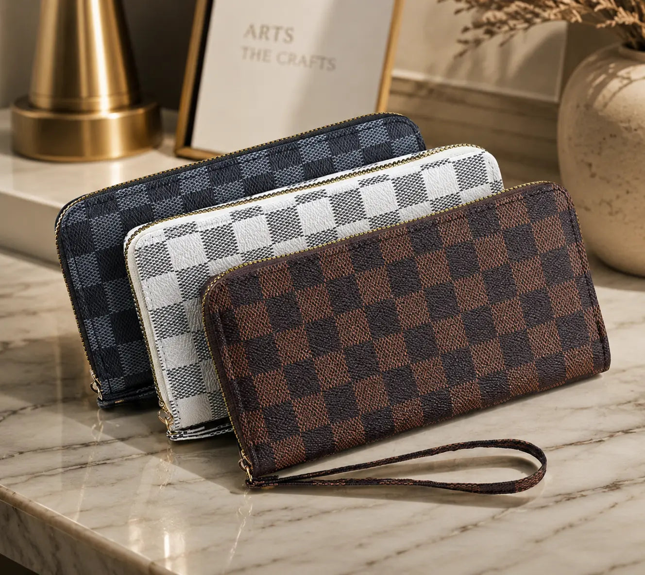 Women'S Plaid Printed Minimalist Long Wallet - Clutch Wristlet, Surround Card Holder, Zipper Closure, Versatile Casual Wear Accessory，Zipper Coin， Removable Wristet， Large Capacity Card Holder, Coins Pouch, Multi Functional Wallet， Young Girl